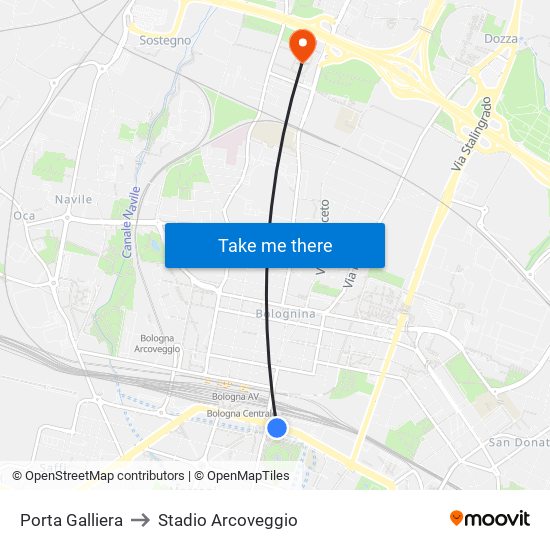 Porta Galliera to Stadio Arcoveggio map