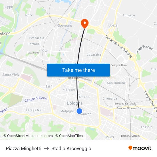 Piazza Minghetti to Stadio Arcoveggio map