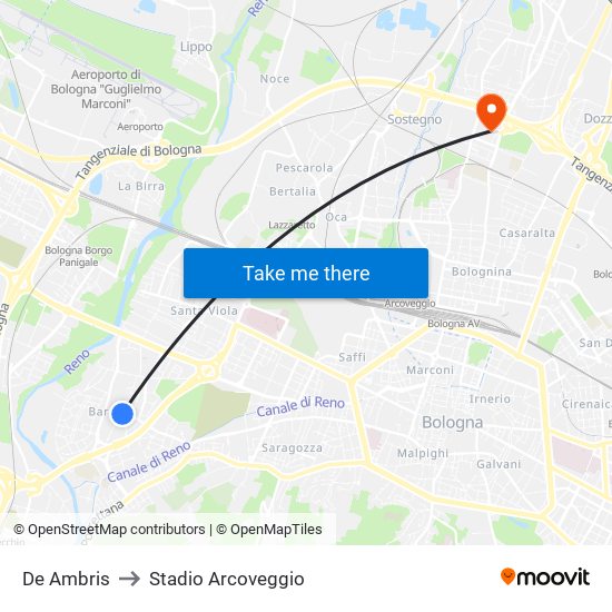 De Ambris to Stadio Arcoveggio map