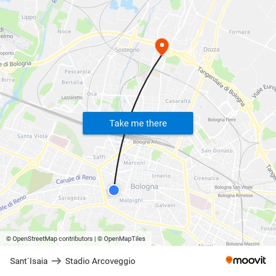 Sant`Isaia to Stadio Arcoveggio map