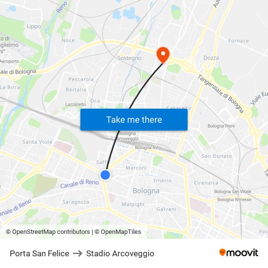 Porta San Felice to Stadio Arcoveggio map