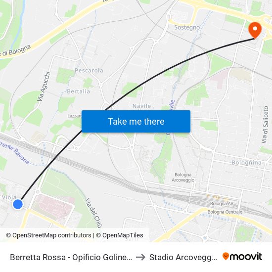 Berretta Rossa - Opificio Golinelli to Stadio Arcoveggio map