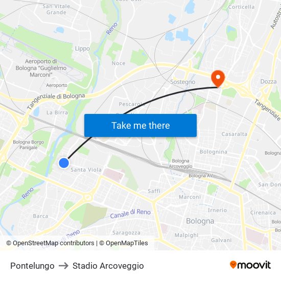 Pontelungo to Stadio Arcoveggio map