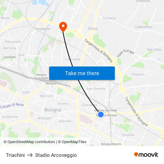 Triachini to Stadio Arcoveggio map