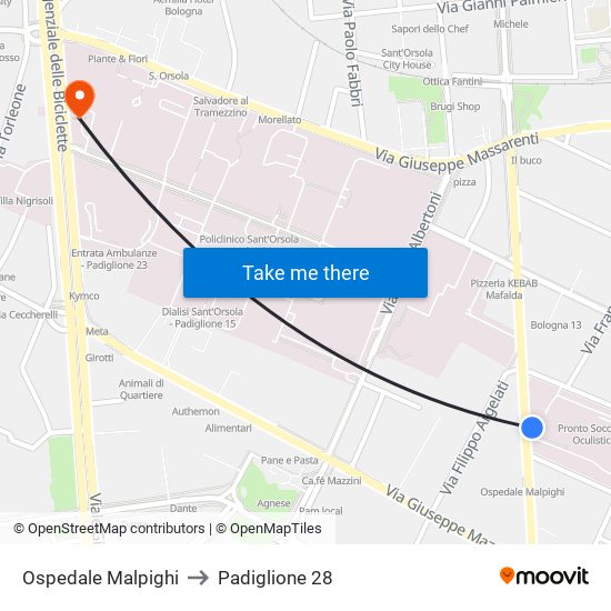 Ospedale Malpighi to Padiglione 28 map