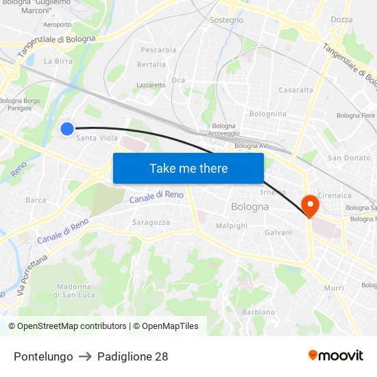 Pontelungo to Padiglione 28 map