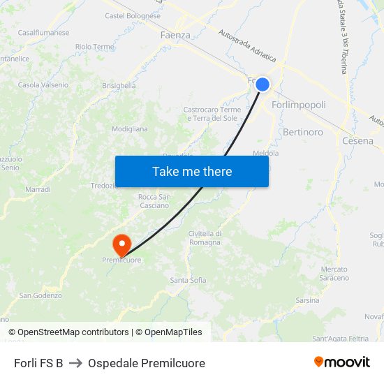 Forli FS B to Ospedale Premilcuore map