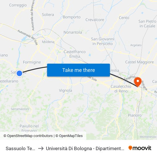 Sassuolo Terminal to Università Di Bologna - Dipartimento Di Fisiologia map