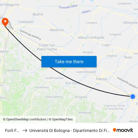 Forli FS B to Università Di Bologna - Dipartimento Di Fisiologia map