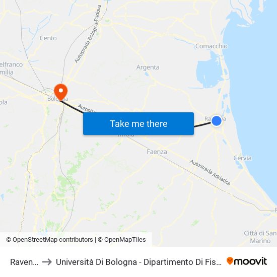 Ravenna to Università Di Bologna - Dipartimento Di Fisiologia map