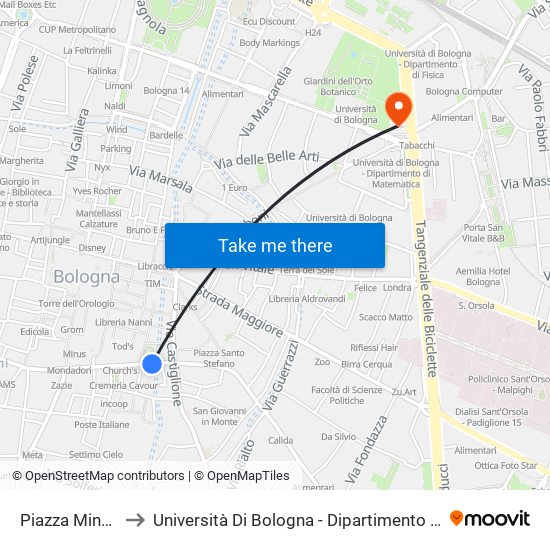 Piazza Minghetti to Università Di Bologna - Dipartimento Di Fisiologia map