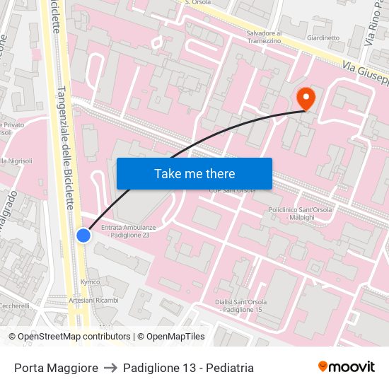 Porta Maggiore to Padiglione 13 - Pediatria map