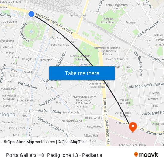 Porta Galliera to Padiglione 13 - Pediatria map
