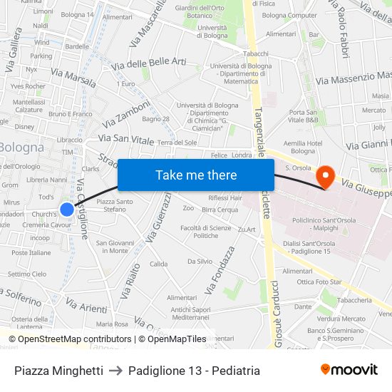 Piazza Minghetti to Padiglione 13 - Pediatria map