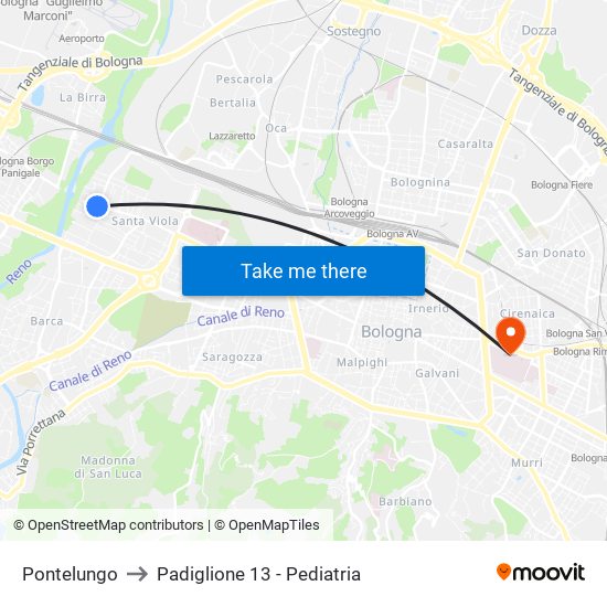 Pontelungo to Padiglione 13 - Pediatria map