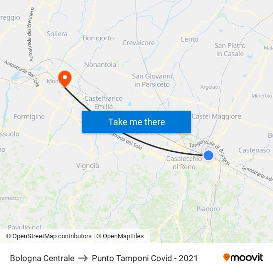 Bologna Centrale to Punto Tamponi Covid - 2021 map