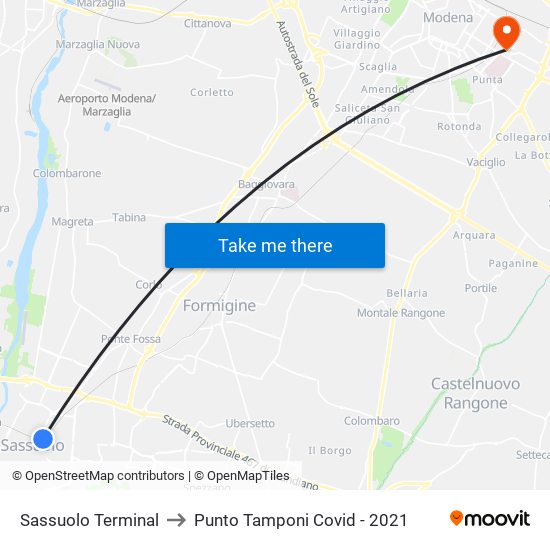 Sassuolo Terminal to Punto Tamponi Covid - 2021 map