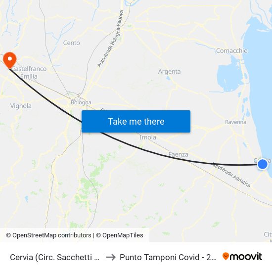 Cervia (Circ. Sacchetti Est) to Punto Tamponi Covid - 2021 map