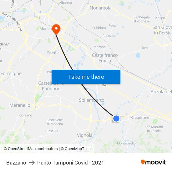 Bazzano to Punto Tamponi Covid - 2021 map