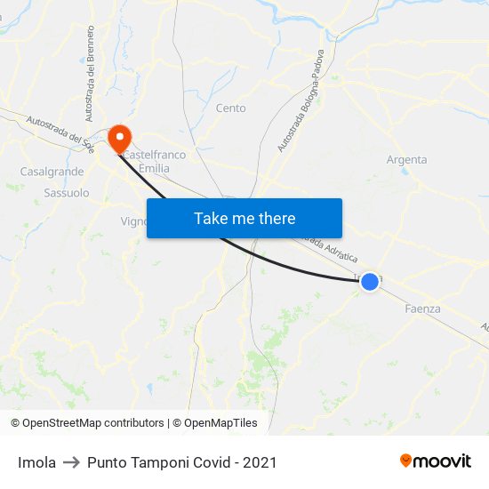 Imola to Punto Tamponi Covid - 2021 map