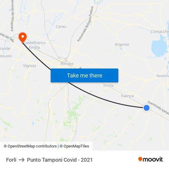 Forlì to Punto Tamponi Covid - 2021 map