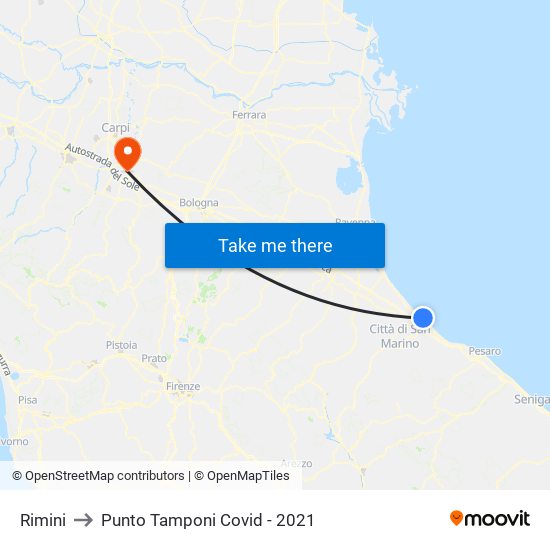 Rimini to Punto Tamponi Covid - 2021 map