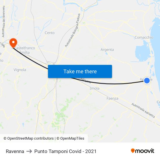 Ravenna to Punto Tamponi Covid - 2021 map