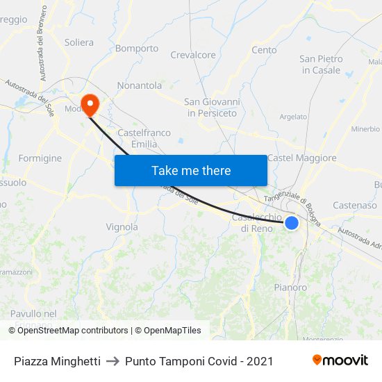 Piazza Minghetti to Punto Tamponi Covid - 2021 map