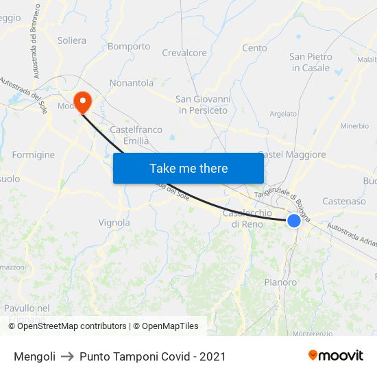 Mengoli to Punto Tamponi Covid - 2021 map