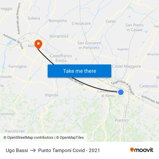 Ugo Bassi to Punto Tamponi Covid - 2021 map