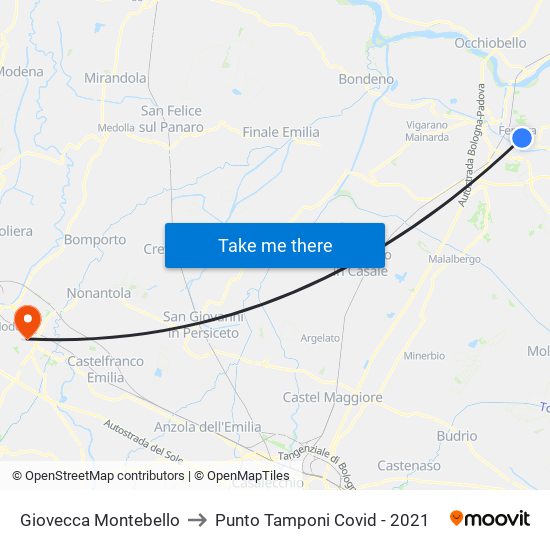 Giovecca Montebello to Punto Tamponi Covid - 2021 map