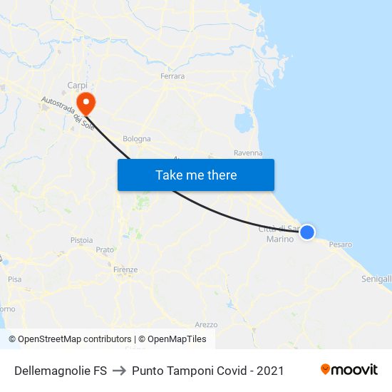 Dellemagnolie FS to Punto Tamponi Covid - 2021 map