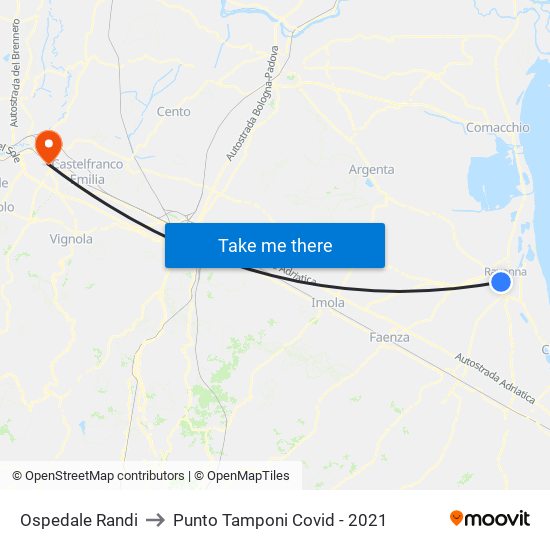 Ospedale Randi to Punto Tamponi Covid - 2021 map