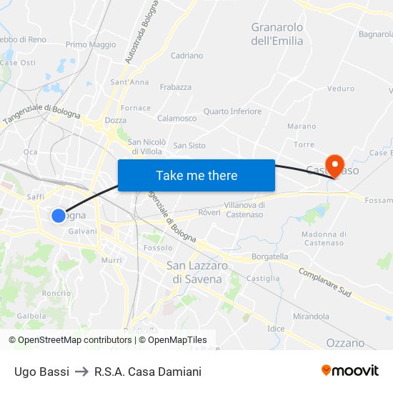 Ugo Bassi to R.S.A. Casa Damiani map