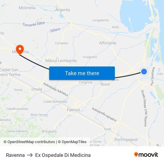 Ravenna to Ex Ospedale Di Medicina map