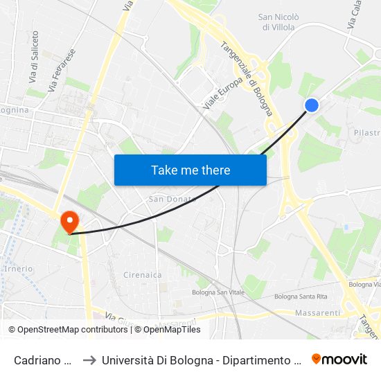 Cadriano Bivio to Università Di Bologna - Dipartimento Di Agraria map