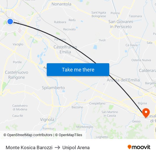 Monte Kosica Barozzi to Unipol Arena map