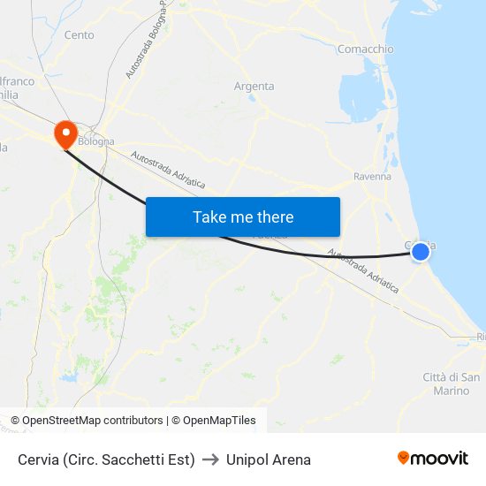 Cervia (Circ. Sacchetti Est) to Unipol Arena map