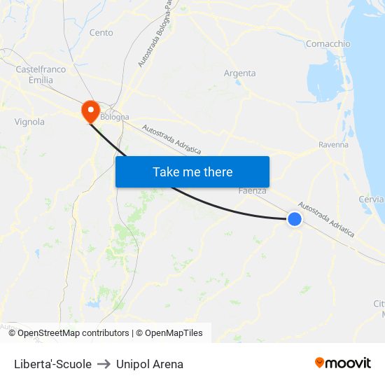 Liberta'-Scuole to Unipol Arena map