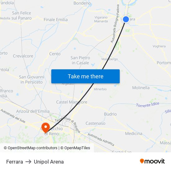 Ferrara to Unipol Arena map