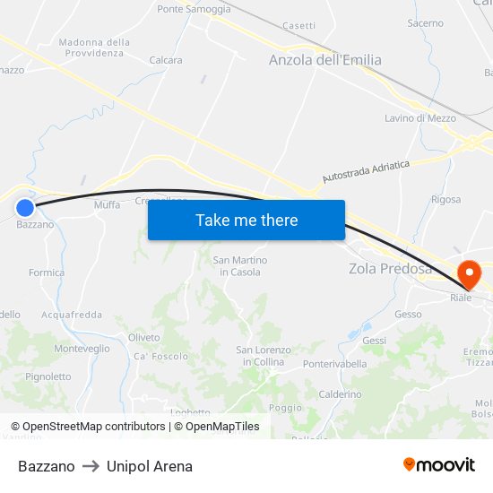 Bazzano to Unipol Arena map