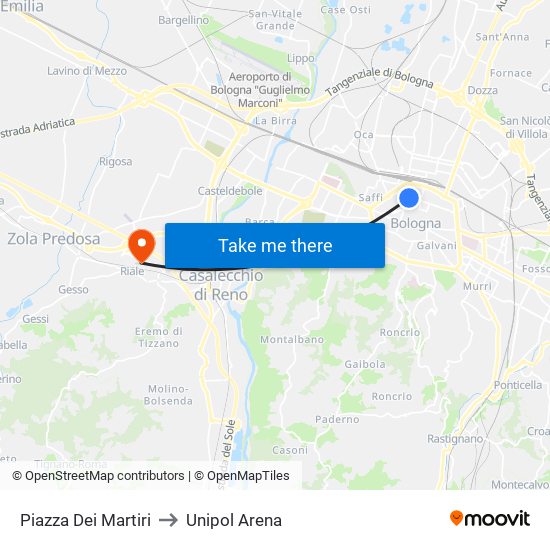 Piazza Dei Martiri to Unipol Arena map