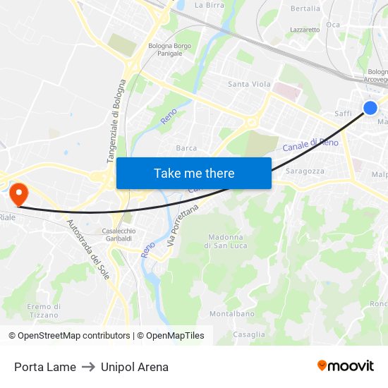 Porta Lame to Unipol Arena map