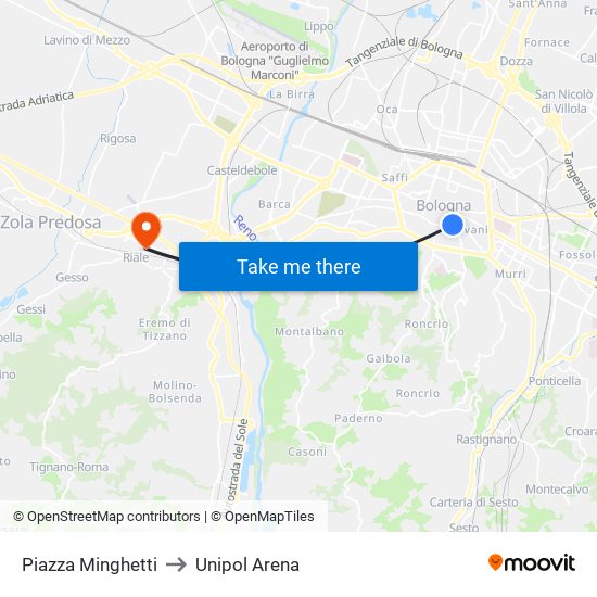 Piazza Minghetti to Unipol Arena map