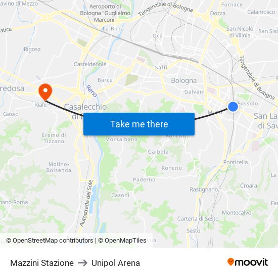 Mazzini Stazione to Unipol Arena map