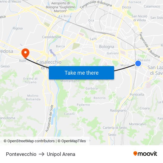 Pontevecchio to Unipol Arena map