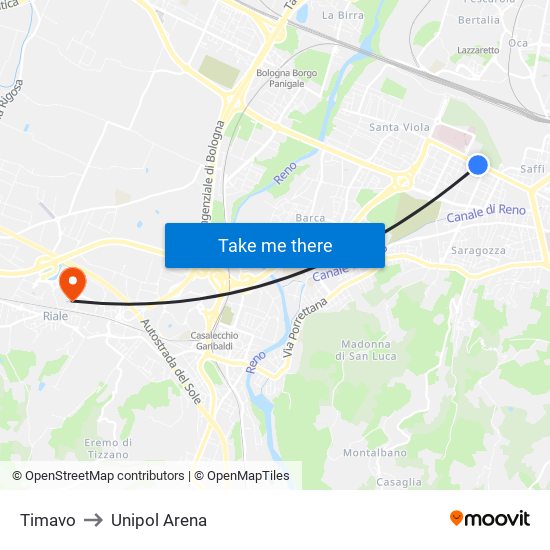 Timavo to Unipol Arena map