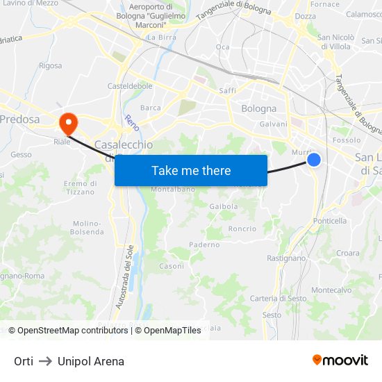 Orti to Unipol Arena map