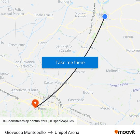 Giovecca Montebello to Unipol Arena map