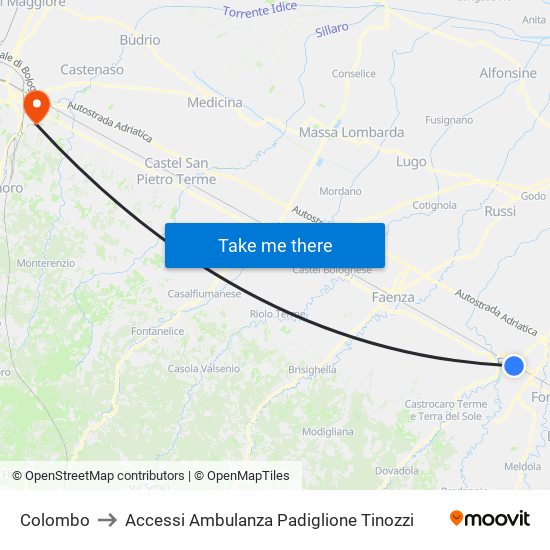 Colombo to Accessi Ambulanza Padiglione Tinozzi map